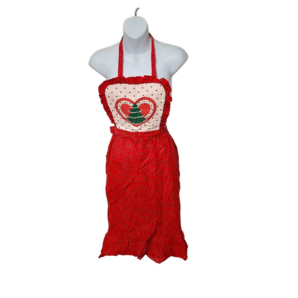 Country Christmas Apron Women OS Red Heart Print Ruffle Quilted Tree Vintage‎